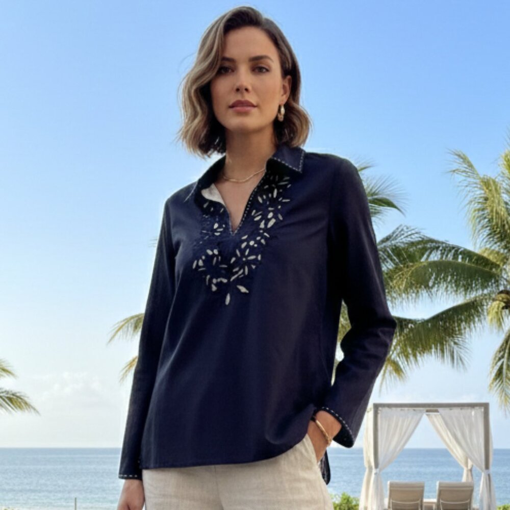 Karen Kane  Lightweight Cotton Blouse with Floral Cutout Embroidery
